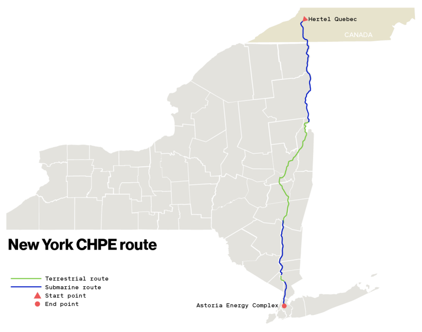 Map showing the route of CHPE project over land and underwater,  south from Canada to NYC.